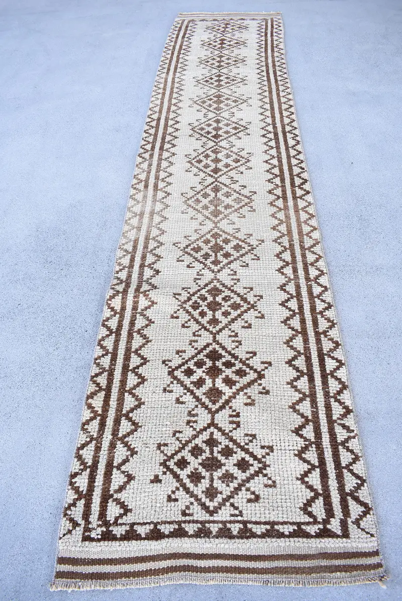 Vintage Rug, 2.5x11.3 ft Turkish Rug, Beige Brown Striped Wool Rug - 1