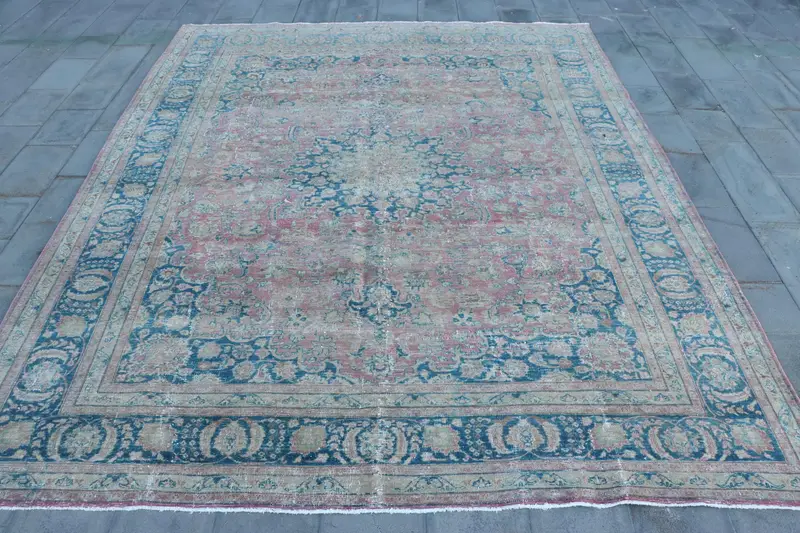 Blue 9,7x12,1 ft Rug, Solid Pattern with Brown Accents