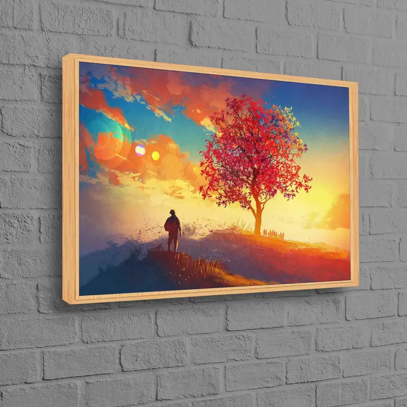 Arte en lienzo de moda: amanecer sobre el avión y el árbol