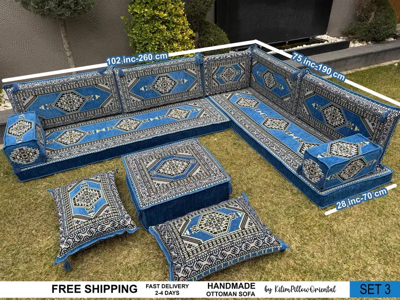 手作りキリムプーフ、トレイテーブル機能付き多目的オットマン