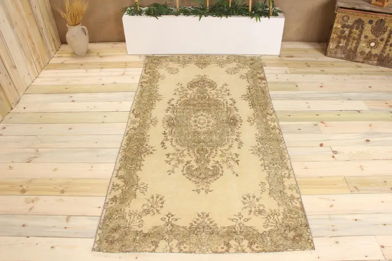 ハンドメイド 3.2x7.2 フィート ラグ、ベージュ & グリーン 花柄幾何学模様