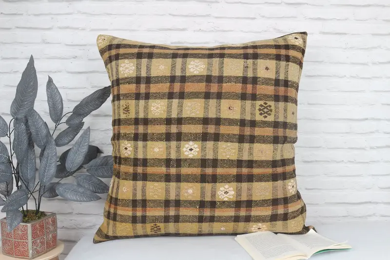 Kilim Pillow Cover, Cushion Case, 28x28 Yellow Cushion Case, Boho Pillow, Comfy Throw Cushion, Pattern Throw Cushion, Pillow for Sofa - 2