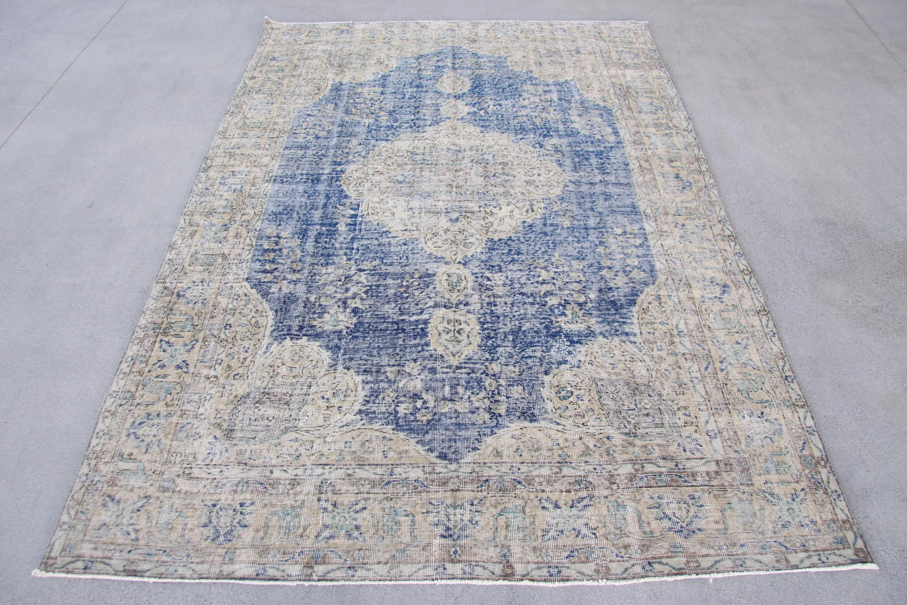 Türk Halısı, 6.8x10 ft Büyük Halı, Mavi Beyaz Yün Halı - 1