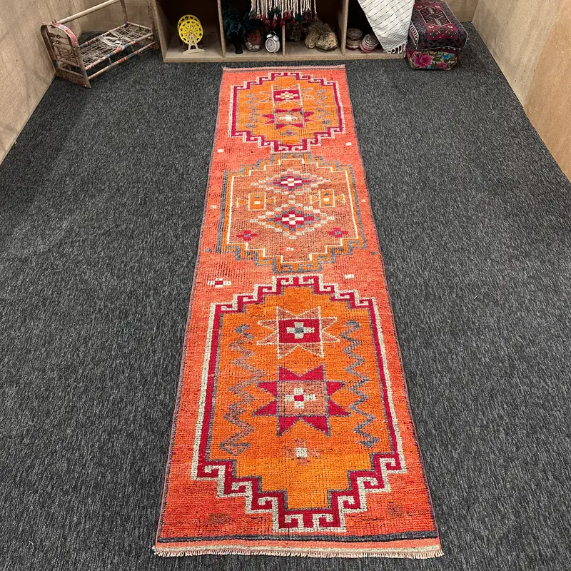 Turkish Vintage Rug, 3.1x11.8 ft Herki Rug, Orange Geometric Wool Rug - 1