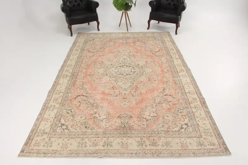 7.3x11 ft Oushak Rug, Vintage Turkish Rug, Pink Gray Oriental Rug - 1