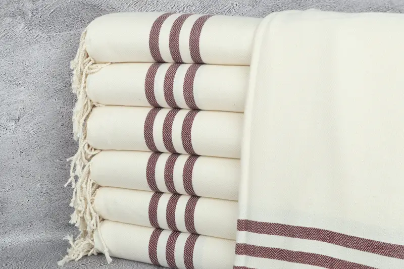 Striped Towel Gift for Her, 40x71 Inches Burgundy and Beige Cotton