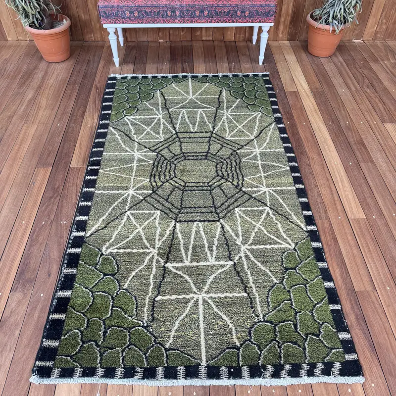 Turkish 3.9x7.1 ft Rug, Area Vintage Rug, Green Black Moroccan Wool Rug - 1
