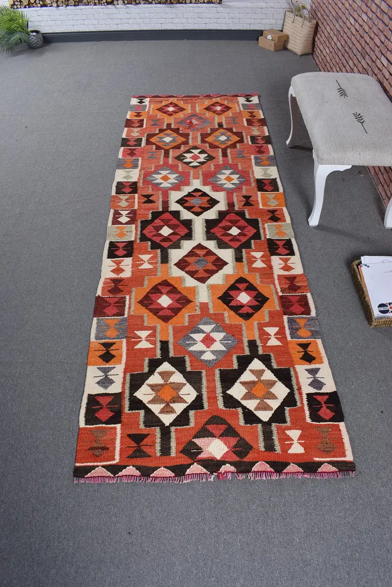 Vintage Turkish Rug, 3.2x9.4 ft Kilim Rug, Red Solid Wool Rug - 1