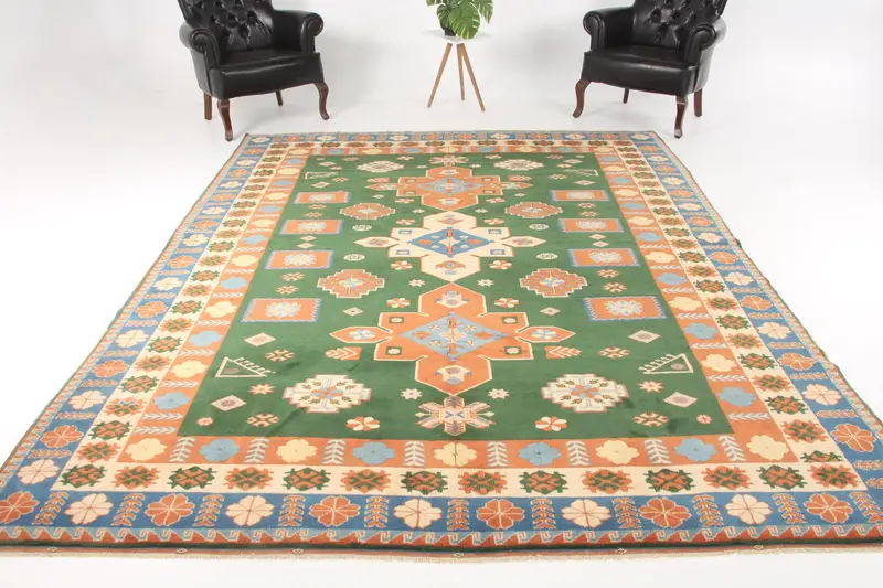 Turkish Vintage Rug 8.3x10.5 ft (252x320 cm), Oushak Green Wool Rug - 1