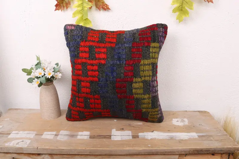 Geometrisches Wurfkissen in Rot und Grün, handgefertigtes Vintage-Dekor