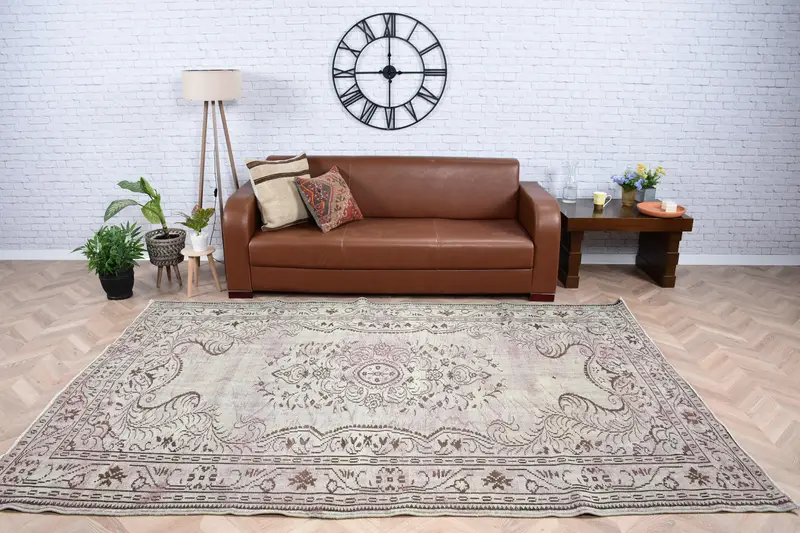 Türk 6.1x9.2 ft Halı, Büyük Vintage Halı, Gri Kahverengi İkat Halı - 1