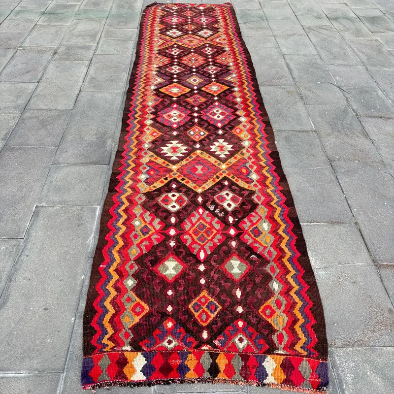 Mor Fas Halısı, 2,9x12,4 ft Zarif Kırmızı Vurgular