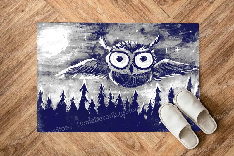 Bedruckter Teppich mit Mondschein-Eulennachtlandschaft – modernes Walddesign