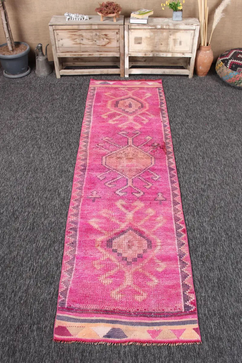2.7x9.5 ft Rug, Vintage Turkish Rug, Pink Herki Wool Rug - 1