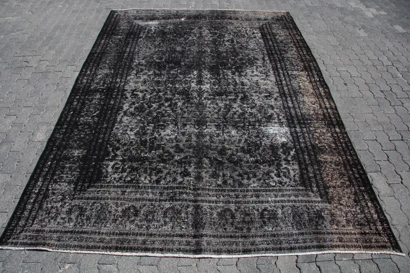 Alfombra turca, alfombra vintage de 7,7x10,7 pies, alfombra de lana del suroeste gris negro - 1