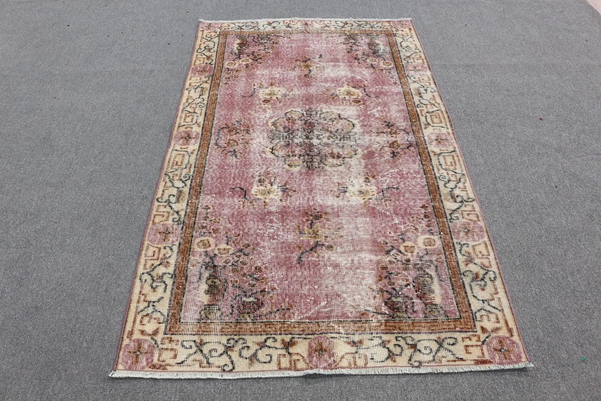 4x6 ft Halı, Vintage Türk Vurgulu Halı, Kırmızı Yün Halı - 1