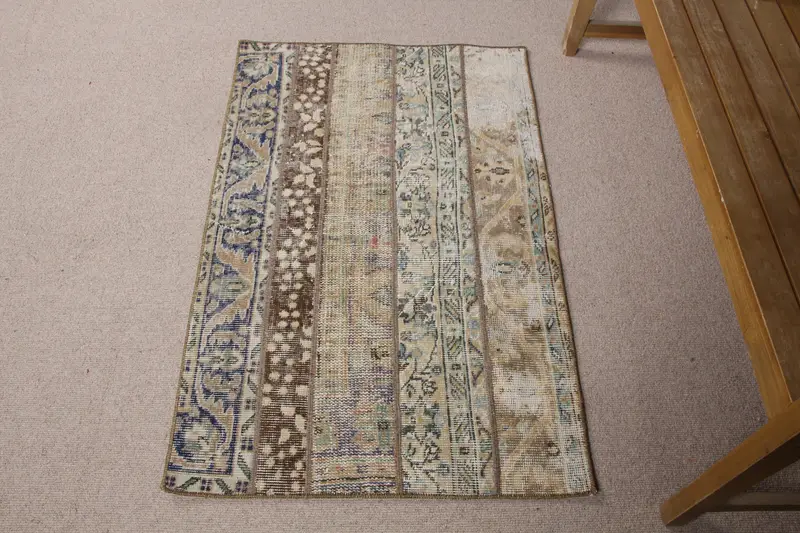 Turkish Oushak Small Rug 2.4x3.8 ft (74x117 cm), Vintage Blue Abstract Wool Rug - 1