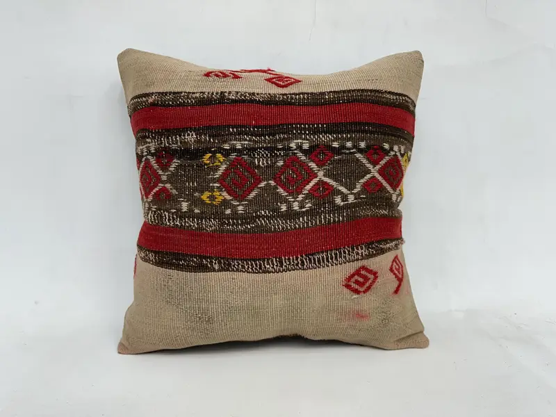 Boho Pillow, Pillow Case, Morroccon Kilim Cushion Pillow Case, Throw Kilim Pillow, 20x20 Red Pillow Case, Handmade Kilim Cushion - 1