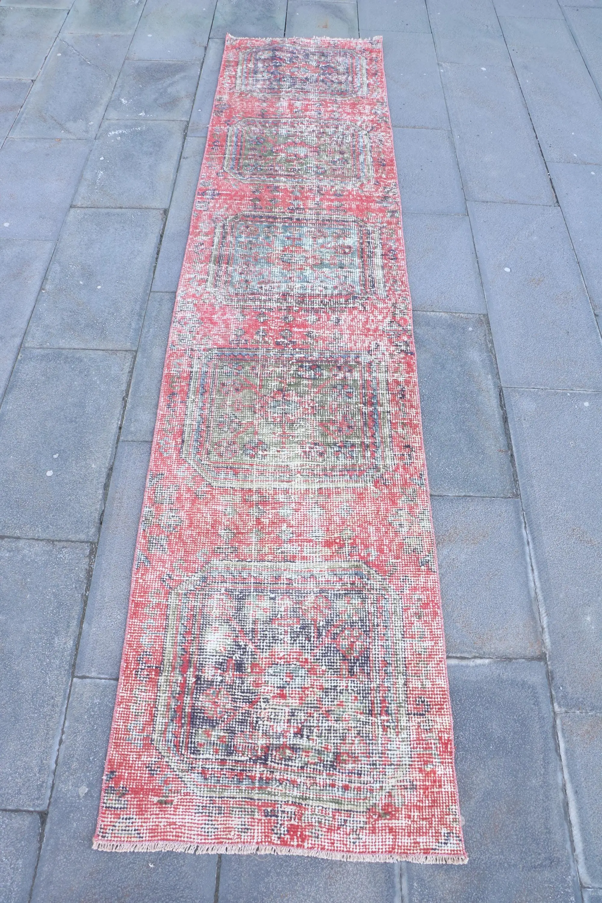 Turkish Vintage Runner Rug 2x9.3 ft, Red Wool Rug - 1