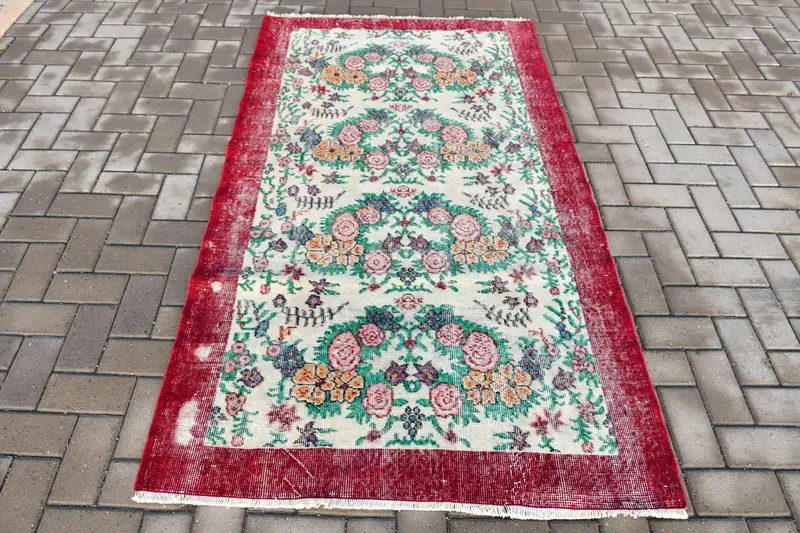 3,7x6,5 ft Teppich, türkischer Vintage Teppich, rot grün floraler Wollteppich - 1