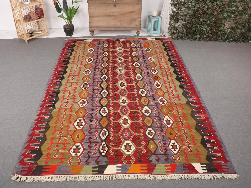 Red Moroccan Rug, 6,7x10,4 ft Rainbow Accent