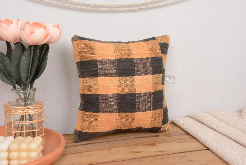 Brown Striped Embroidered Throw Pillow, Vintage Handmade Cushion