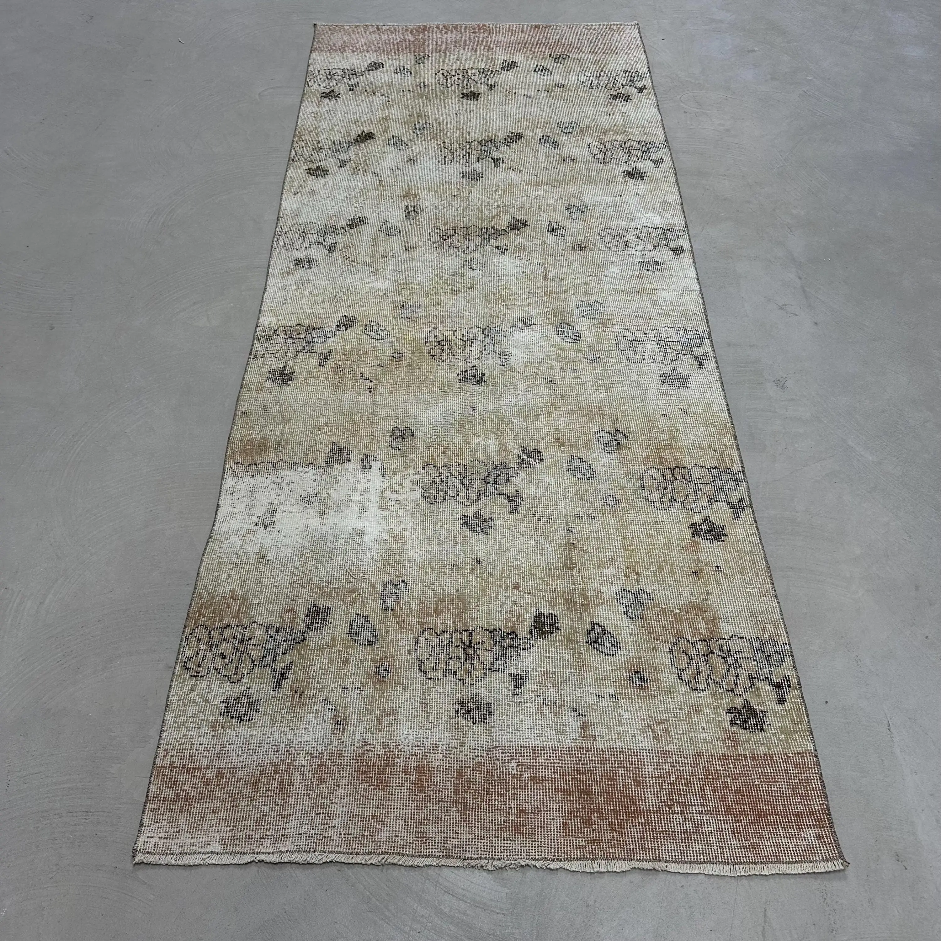 3.2x7.7 ft Türk Vintage Halı, Alan Kilim, Kahverengi Gri Çizgili Yün Halı - 1