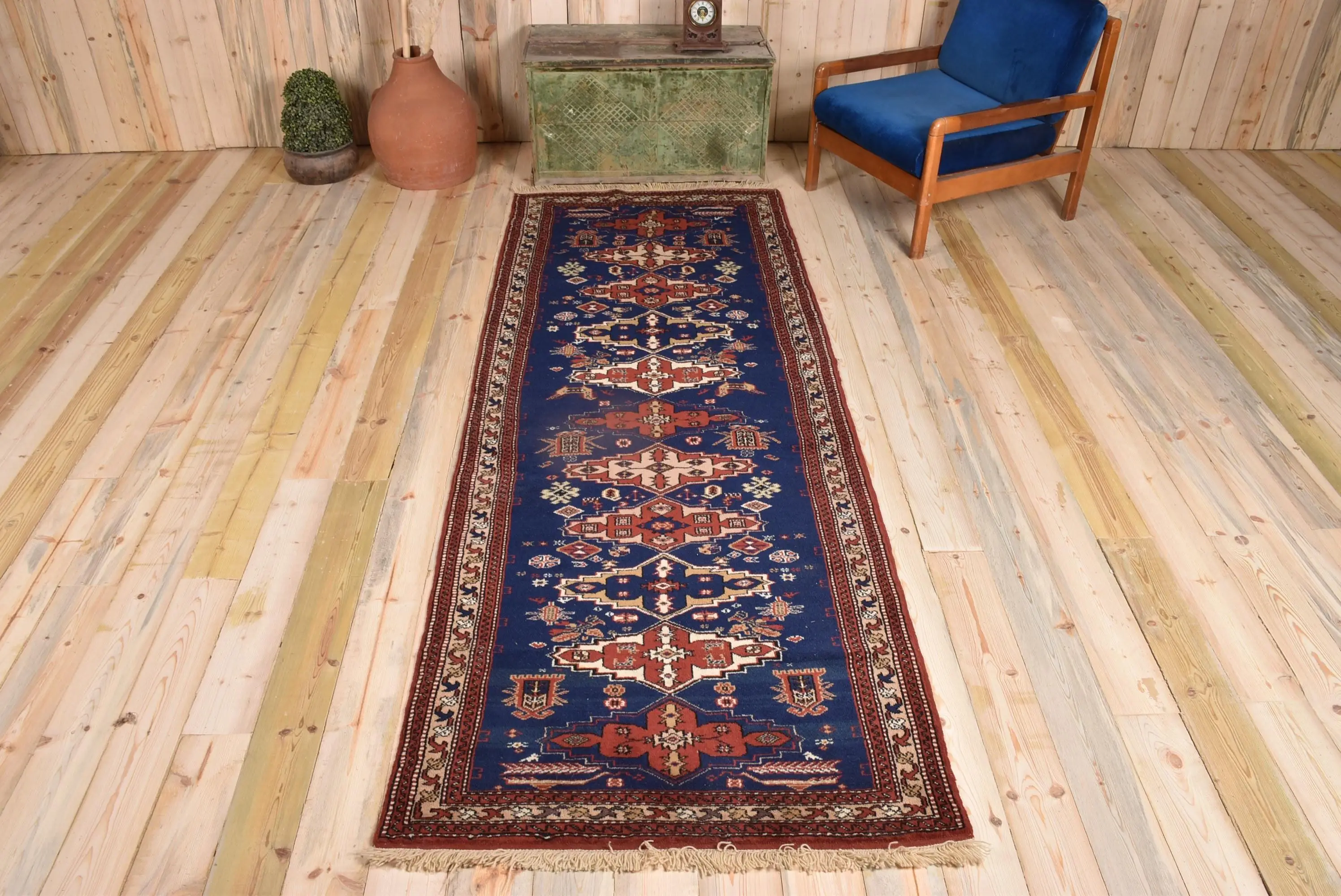 3.4x9.2 ft Runner Turkish Vintage Rug, Blue Wool Rug - 1