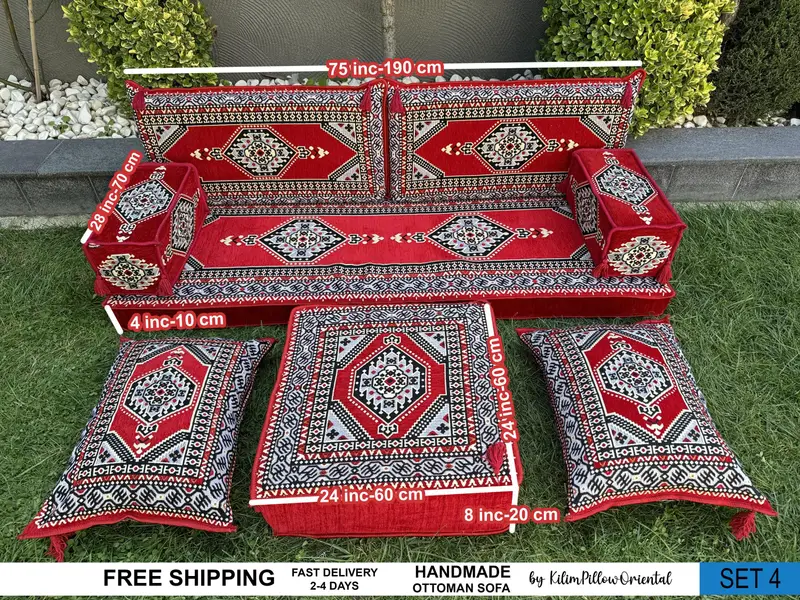 Handmade Kilim Pouf, Red Wool Ottoman with Foam Filling