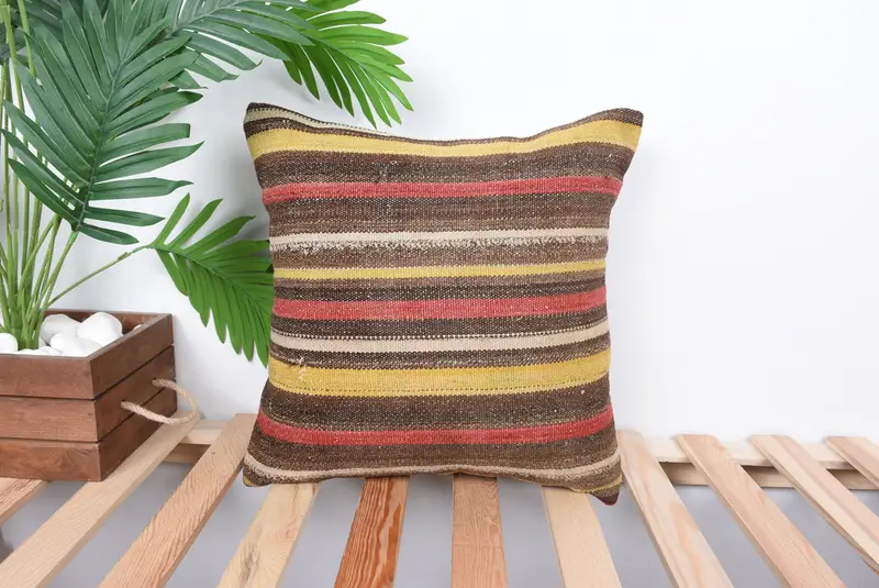 Pillow Case, Wool Kilim Pillow Pillow Sham, Kilim Pillow Cover, Pillow for Sofa, Christmas Cushion Cover, 16x16 Brown Pillow, Boho Pillow Sham Cover - 1