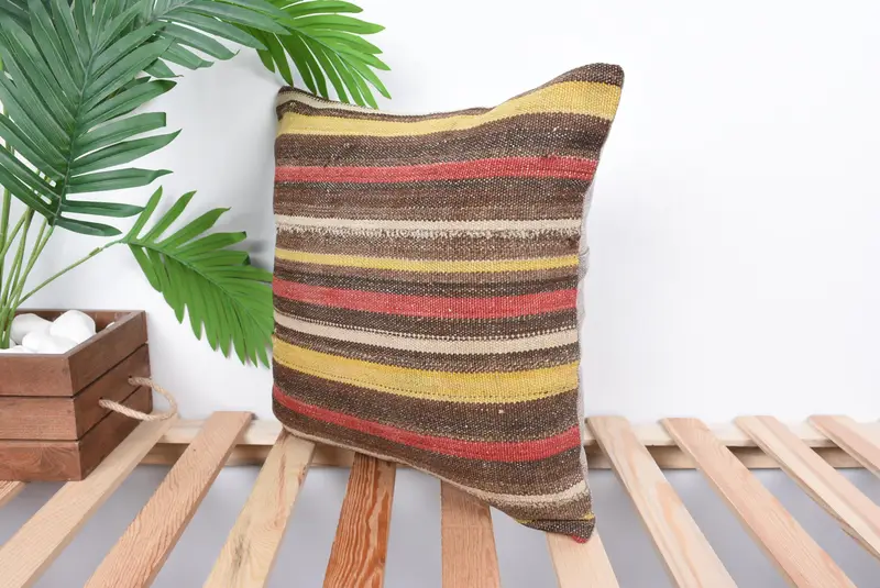 Pillow Case, Wool Kilim Pillow Pillow Sham, Kilim Pillow Cover, Pillow for Sofa, Christmas Cushion Cover, 16x16 Brown Pillow, Boho Pillow Sham Cover - 5