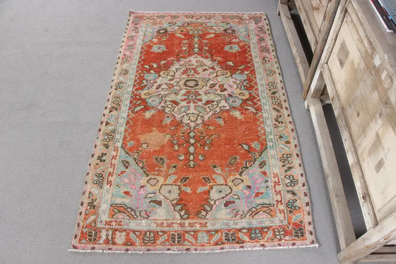 El Yapımı Kırmızı Soyut Halı, 0,3x0,4 ft Yeşil Desenli