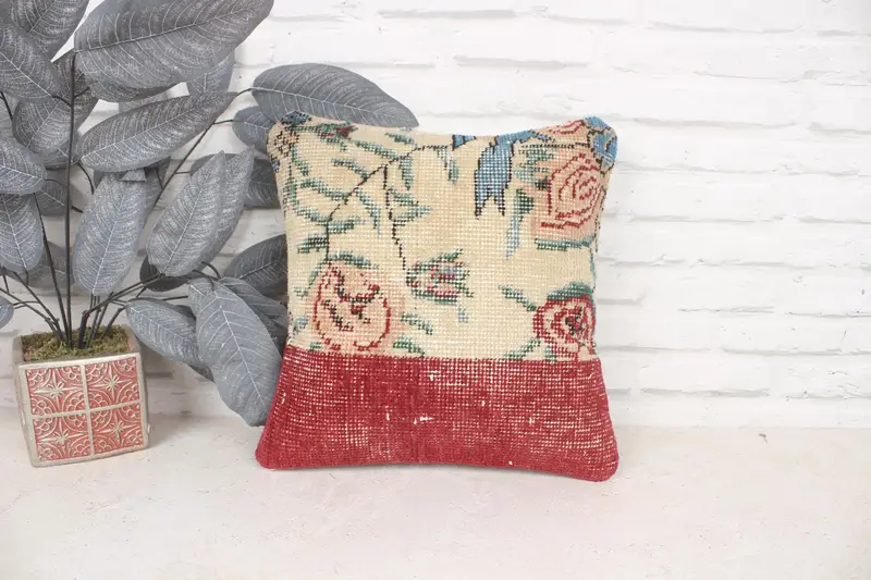 Pillow Sham, Aztec Cushion Case, Ethnic Throw Cushion Case, Gift Pillow, 14x14 Beige Cushion Cover, Handmade Kilim Cushion, Turkish Pillow - 1