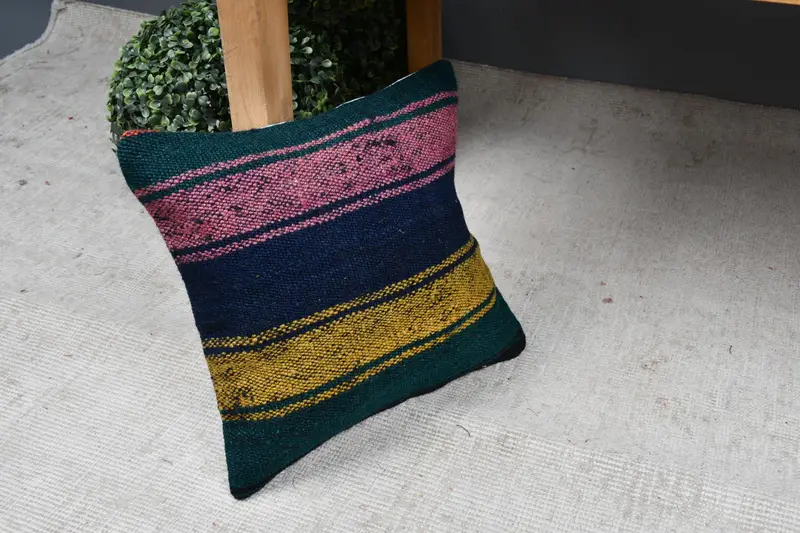 Cushion, Ethnical Kilim Rug Pillow, Authentic Cushion Case, Interior Designer Pillow, Pillow for Sofa, 12x12 Blue Cushion Case - 7