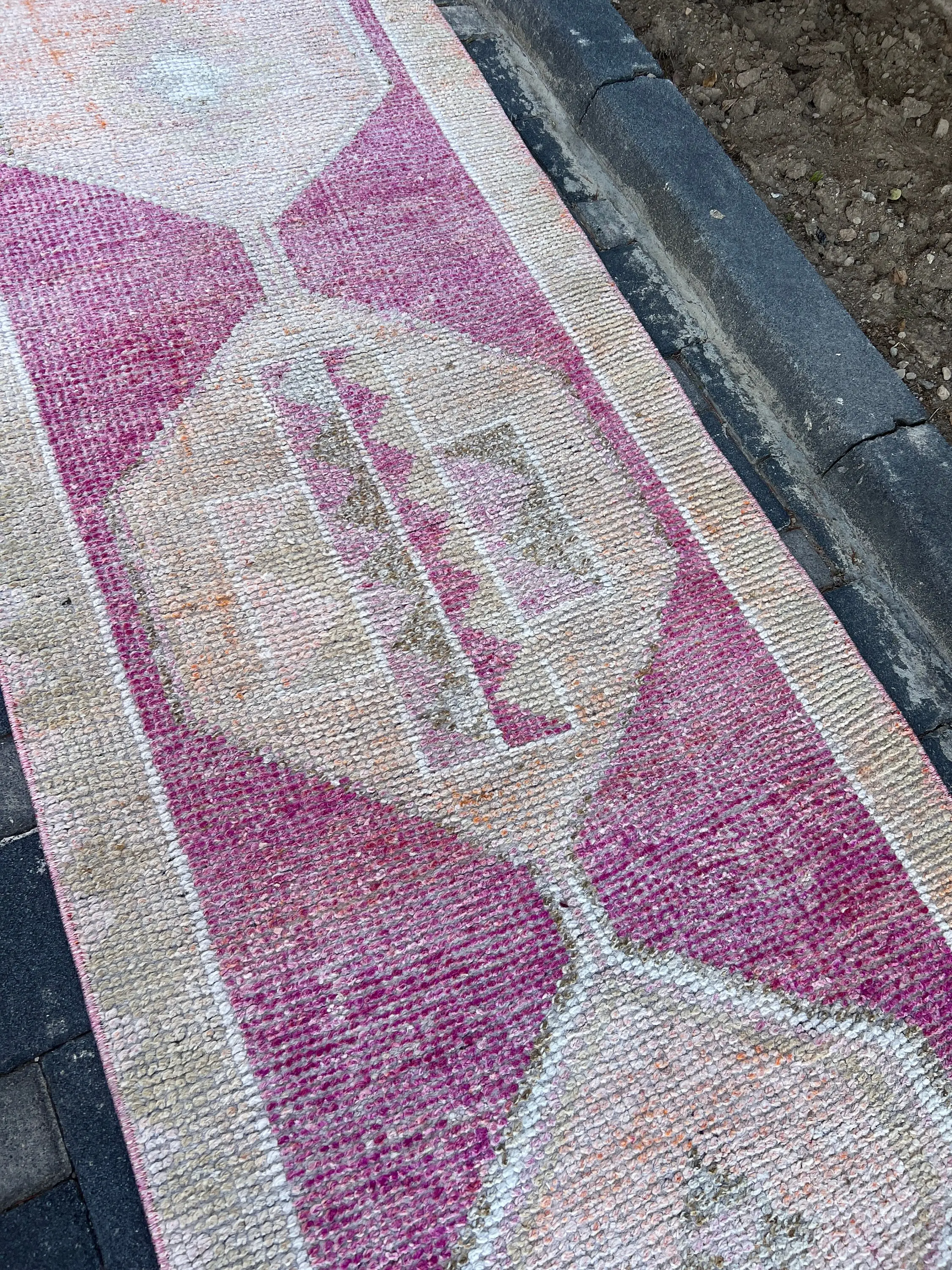 2.9x8.6 ft Herki Vintage Rug, Pink Oriental Turkish Rug Wool - 1