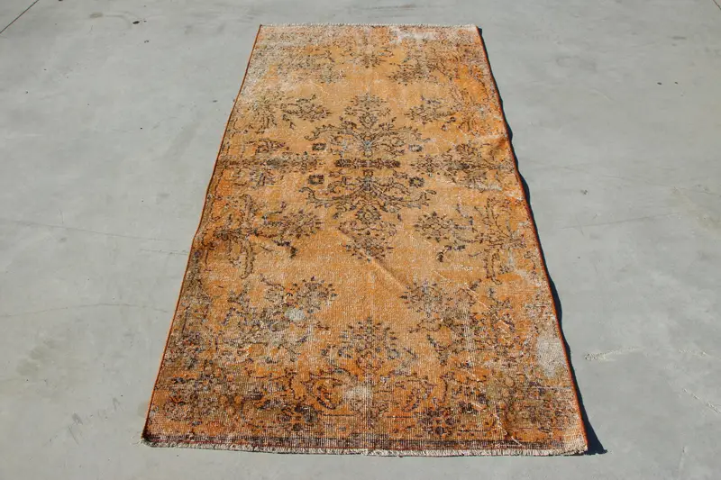 3.4x6.8 ft Turkish Oushak Rug, Orange Floral Vintage Wool Rug - 1