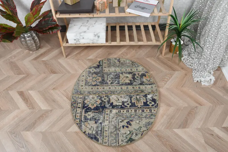 Alfombra Ikat azul, 2,4x2,9 ft con detalles en verde