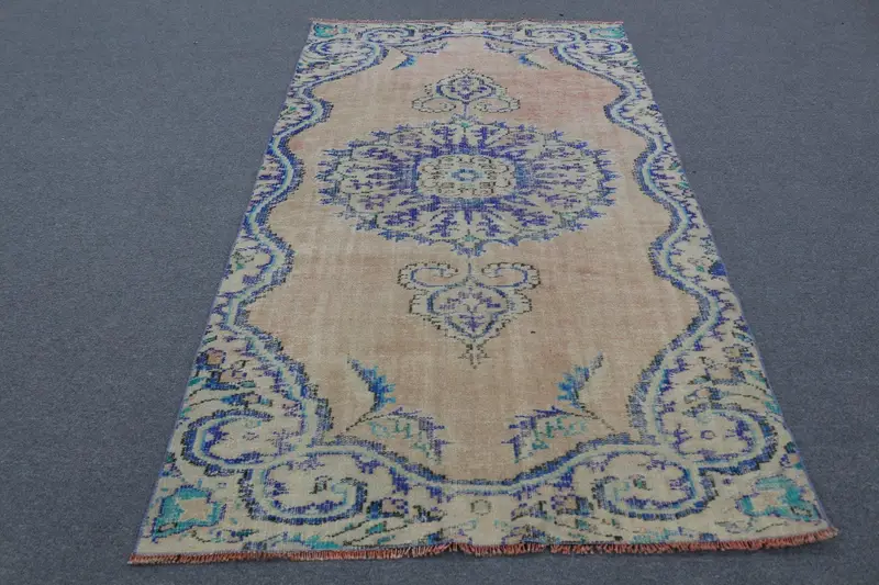 オレンジとブルーのサウスウェスタンラグ、4.4x7.7フィート