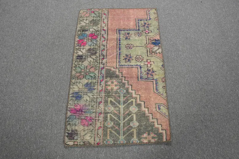 Turkish Vintage Rug, Small 1.9x3.1 ft (58x95 cm) Rug, Red Bordered Wool Rug - 1