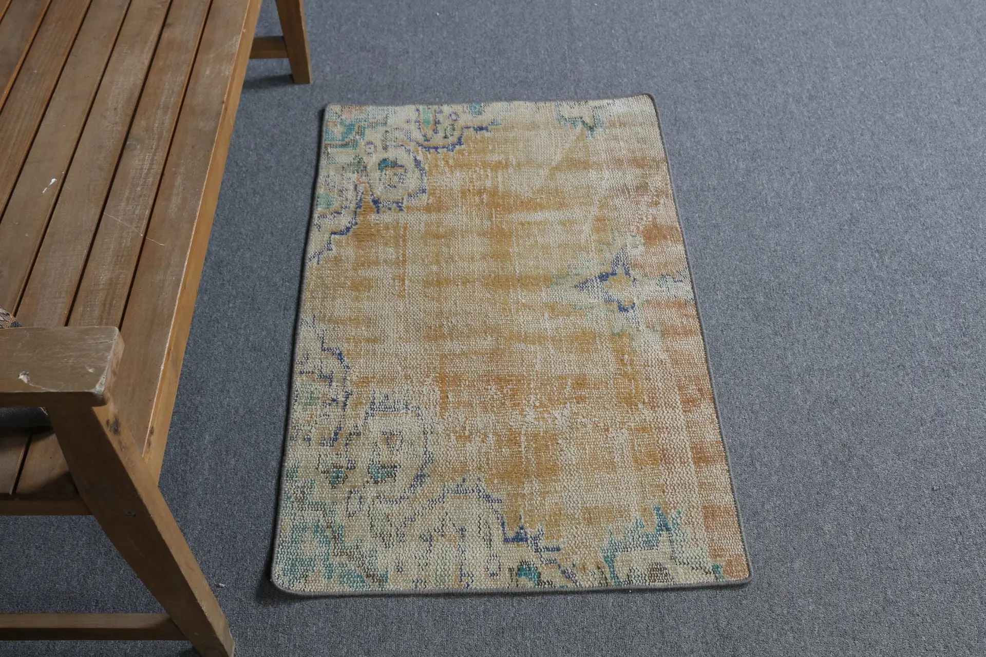 Turkish Small Rug 2.1x3.37 ft, Brown Blue Southwestern Rug Wool - 1