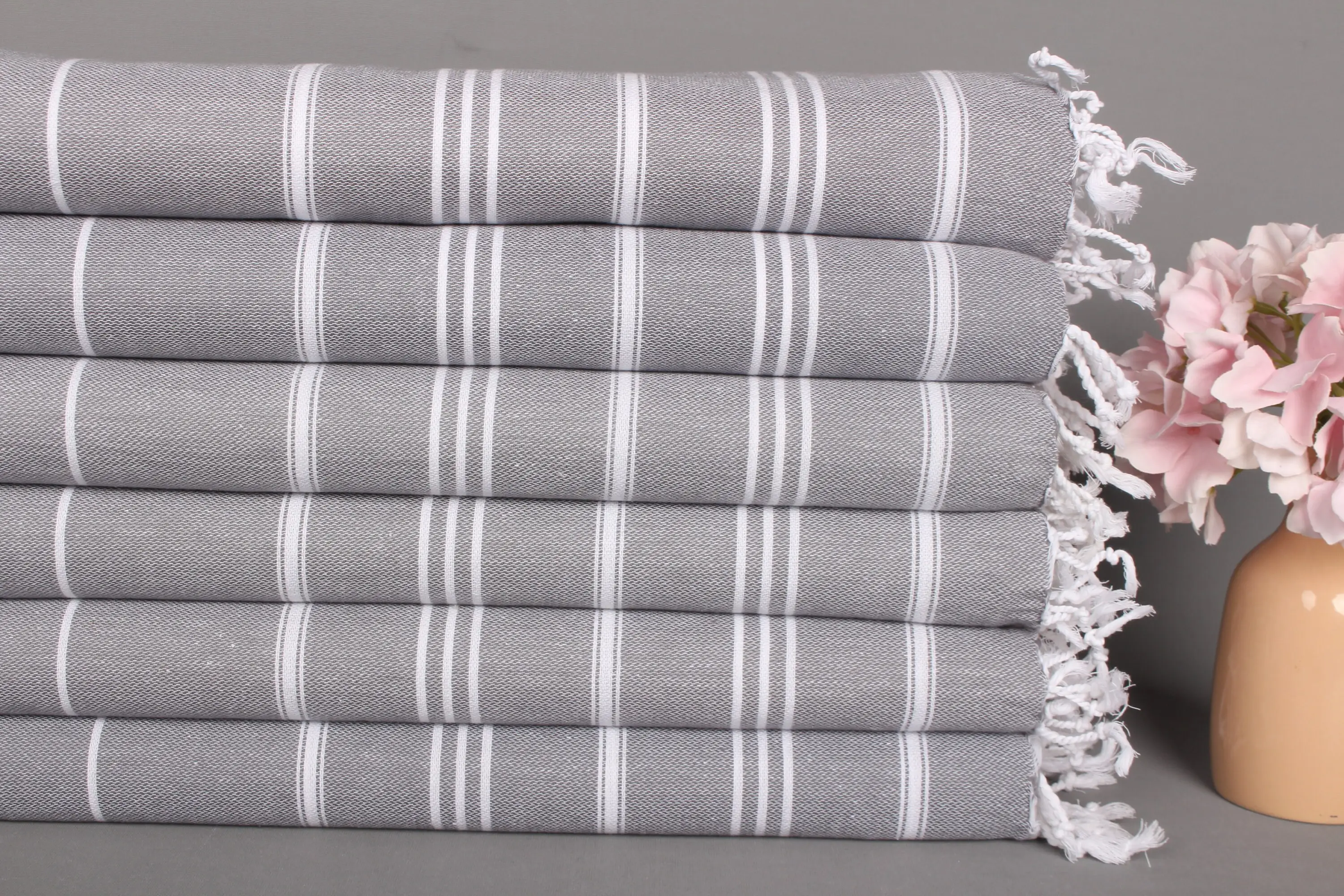Personalized Dish Towel Cotton Monogrammed, Dark Gray and Beige Stripes, 24x40 Inches - 1