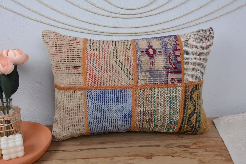 Meditation Cushion, Vintage Kilim Throw Pillow, Kilim Pillow, Pillow Cover, Turkish Pillow, 16x24 Red Cushion, Neutral Throw Pillow - 2