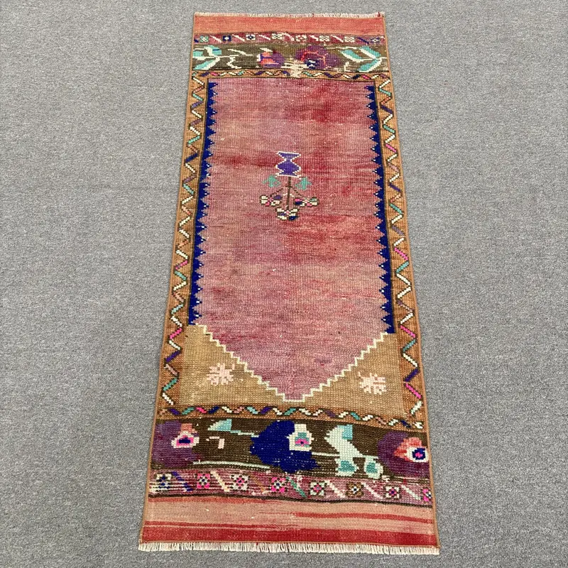 1.9x4.9 ft Oushak Vintage Rug, Red Check Turkish Rug Wool - 1
