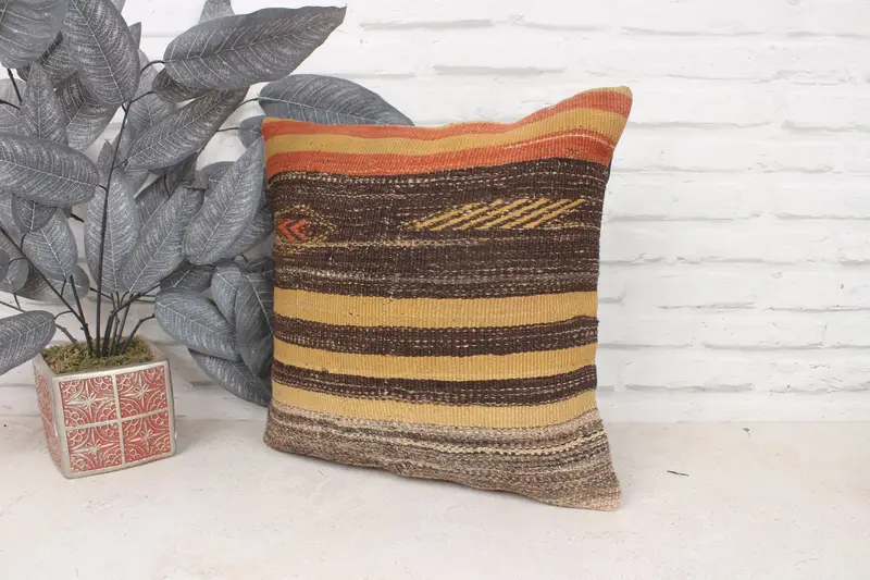 Rustic Cushion Cover, Boho Pillow Sham Cover, Pillow Sham, Vintage Pillow, 16x16 Yellow Pillow Sham, Vintage Kilim Throw Pillow, Cotton Pillow Case - 4