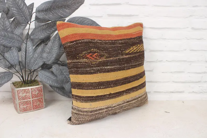 Rustic Cushion Cover, Boho Pillow Sham Cover, Pillow Sham, Vintage Pillow, 16x16 Yellow Pillow Sham, Vintage Kilim Throw Pillow, Cotton Pillow Case - 3