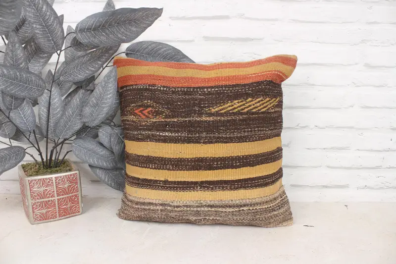 Rustic Cushion Cover, Boho Pillow Sham Cover, Pillow Sham, Vintage Pillow, 16x16 Yellow Pillow Sham, Vintage Kilim Throw Pillow, Cotton Pillow Case - 1