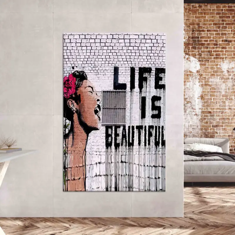 Life Is Beautiful Banksy Woman Graffiti Printed Canvas