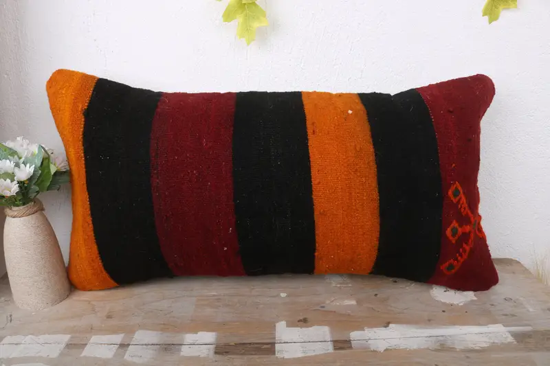 Boho Pillow Sham Cover, Pillow, Handmade Kilim Cushion, Pillow for Couch, Art Deco Pillow Case, Bed Cushion, 12x24 Orange Pillow Case, Couch Cushion - 2