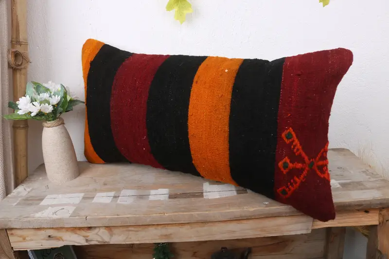 Boho Pillow Sham Cover, Pillow, Handmade Kilim Cushion, Pillow for Couch, Art Deco Pillow Case, Bed Cushion, 12x24 Orange Pillow Case, Couch Cushion - 4