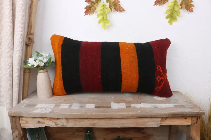 Boho Pillow Sham Cover, Pillow, Handmade Kilim Cushion, Pillow for Couch, Art Deco Pillow Case, Bed Cushion, 12x24 Orange Pillow Case, Couch Cushion - 1
